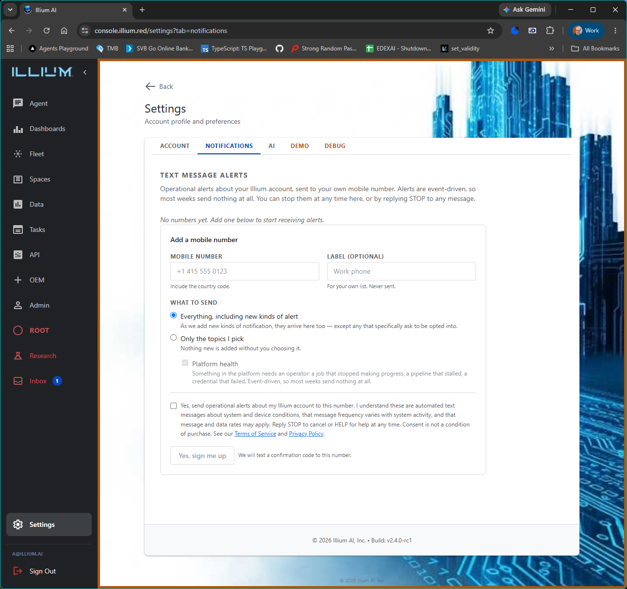 Screenshot of the Illium console notification opt-in form, showing the mobile number field, the unchecked consent checkbox, and the consent language reproduced above.